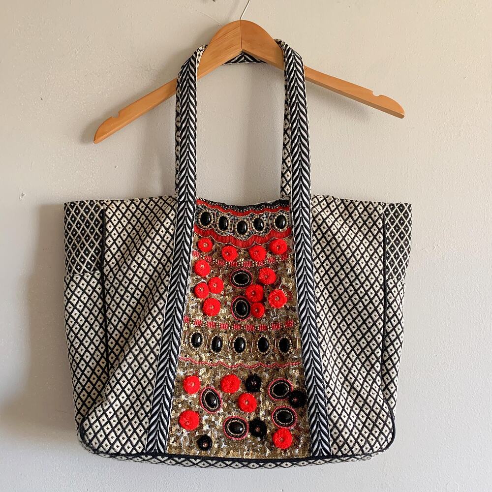 Lovestitch Beaded Sequin Embroidered Pom Pom Tapestry Weekender Tote Bag